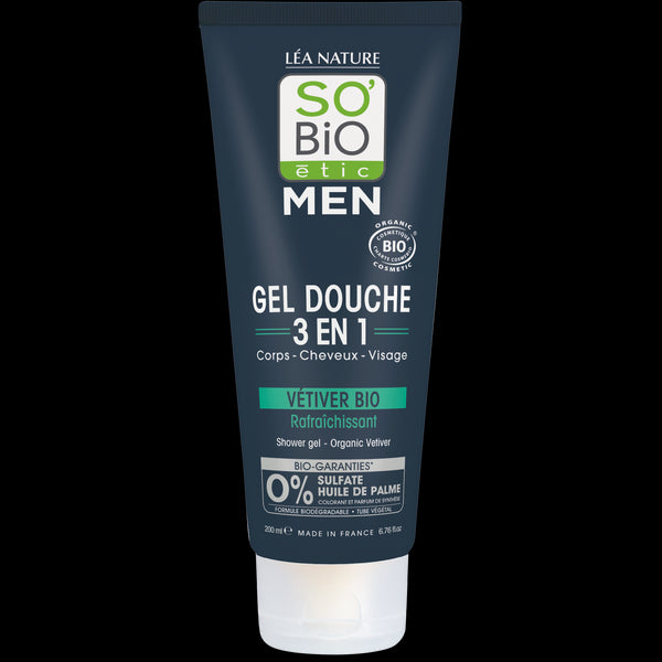 SO’BiO étic Gel sprchový MEN 3v1 - osvěžující vetiver BIO (200 ml)