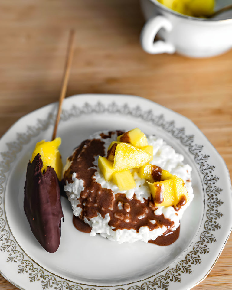 Mango sticky rice s čokoládovými mango špízy